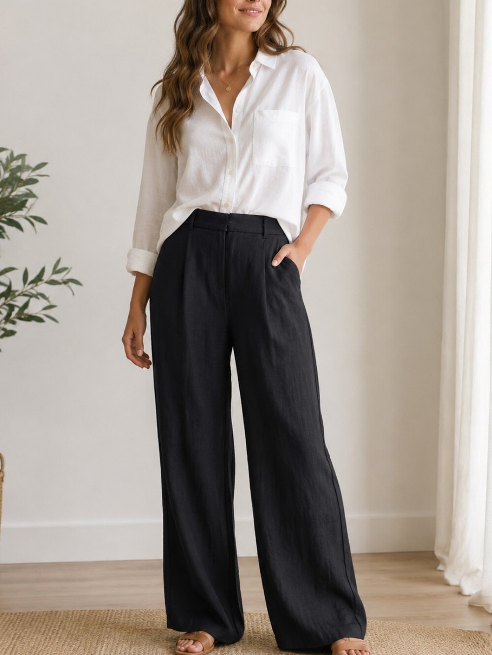 Old Navy Taylor Wide Leg High Rise Trouser Pants Black Linen Blend XL Coastal